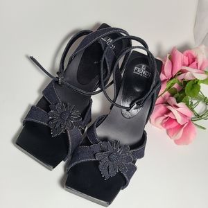 Fendi Sandal Denim flower wood clogs heels 9.5
